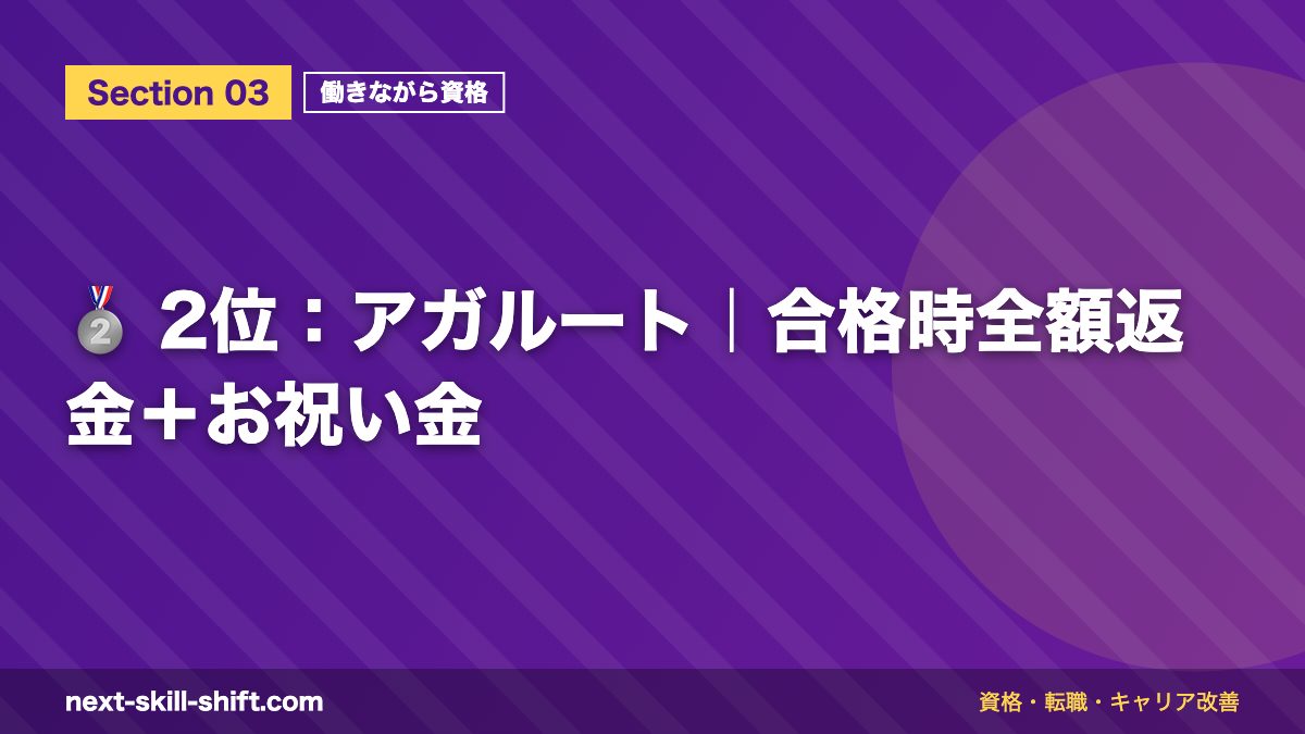🥈 2位：アガルート｜合格時全額返金＋お祝い金