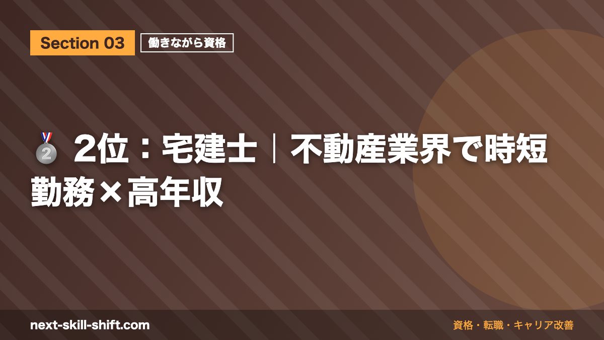 🥈 2位:宅建士|不動産業界で時短勤務×高年収