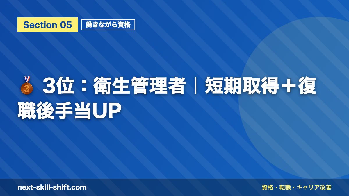 🥉 3位：衛生管理者｜短期取得＋復職後手当UP