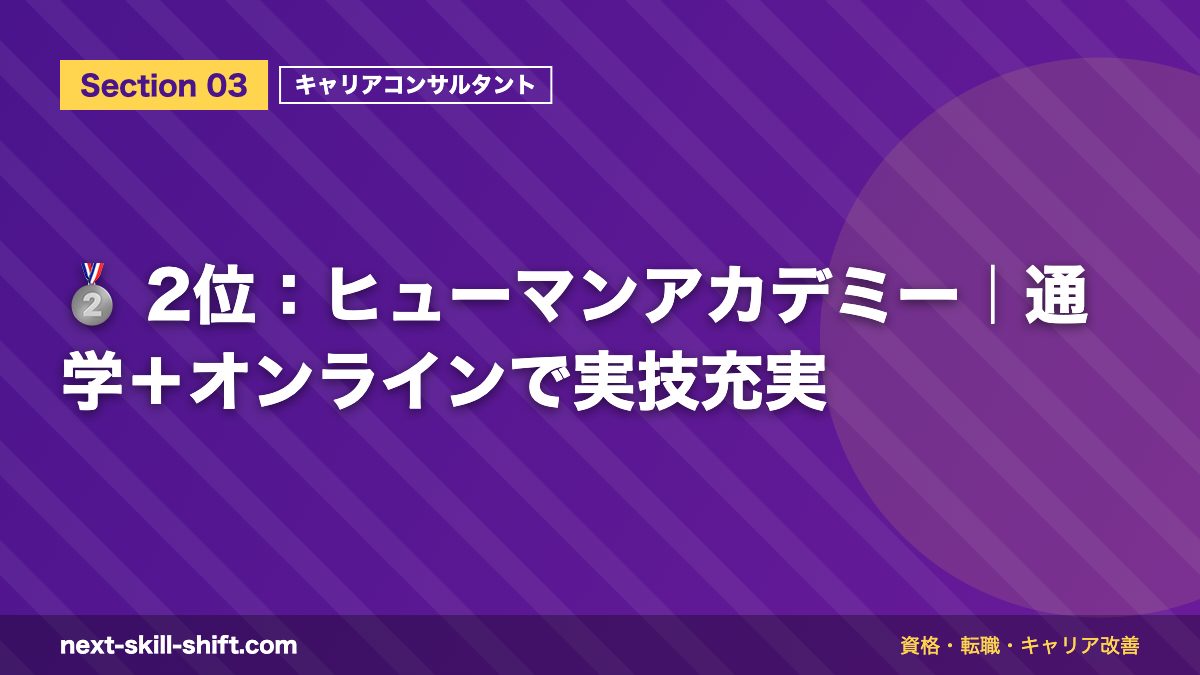 🥈 2位：ヒューマンアカデミー｜通学＋オンラインで実技充実