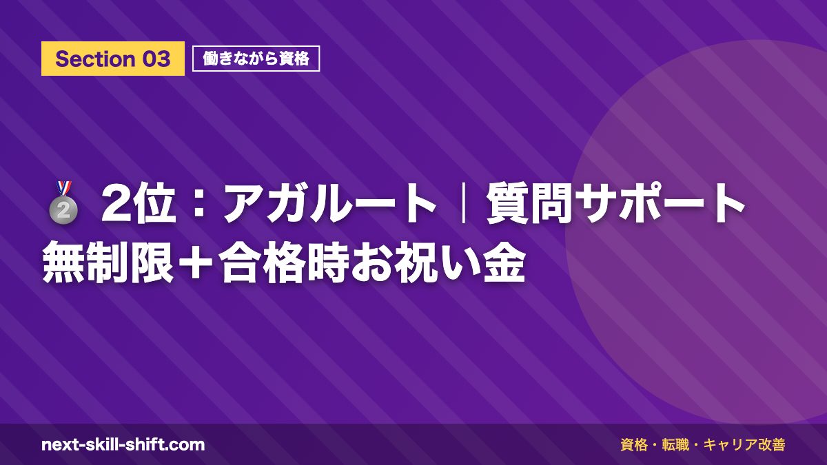 🥈 2位:アガルート|質問サポート無制限+合格時お祝い金