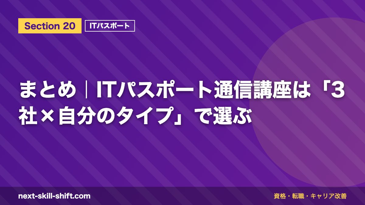 まとめ|ITパスポート通信講座は「3社×自分のタイプ」で選ぶ