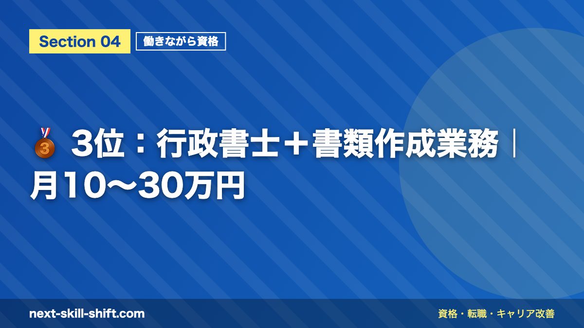 🥉 3位：行政書士＋書類作成業務｜月10〜30万円