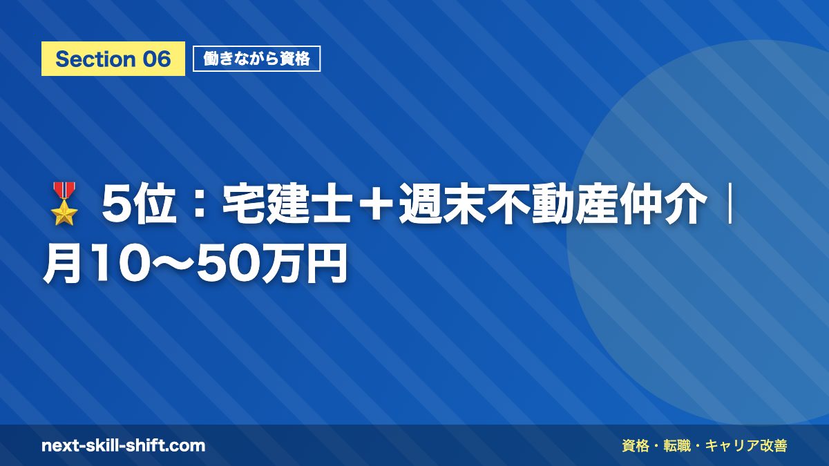 🎖️ 5位：宅建士＋週末不動産仲介｜月10〜50万円