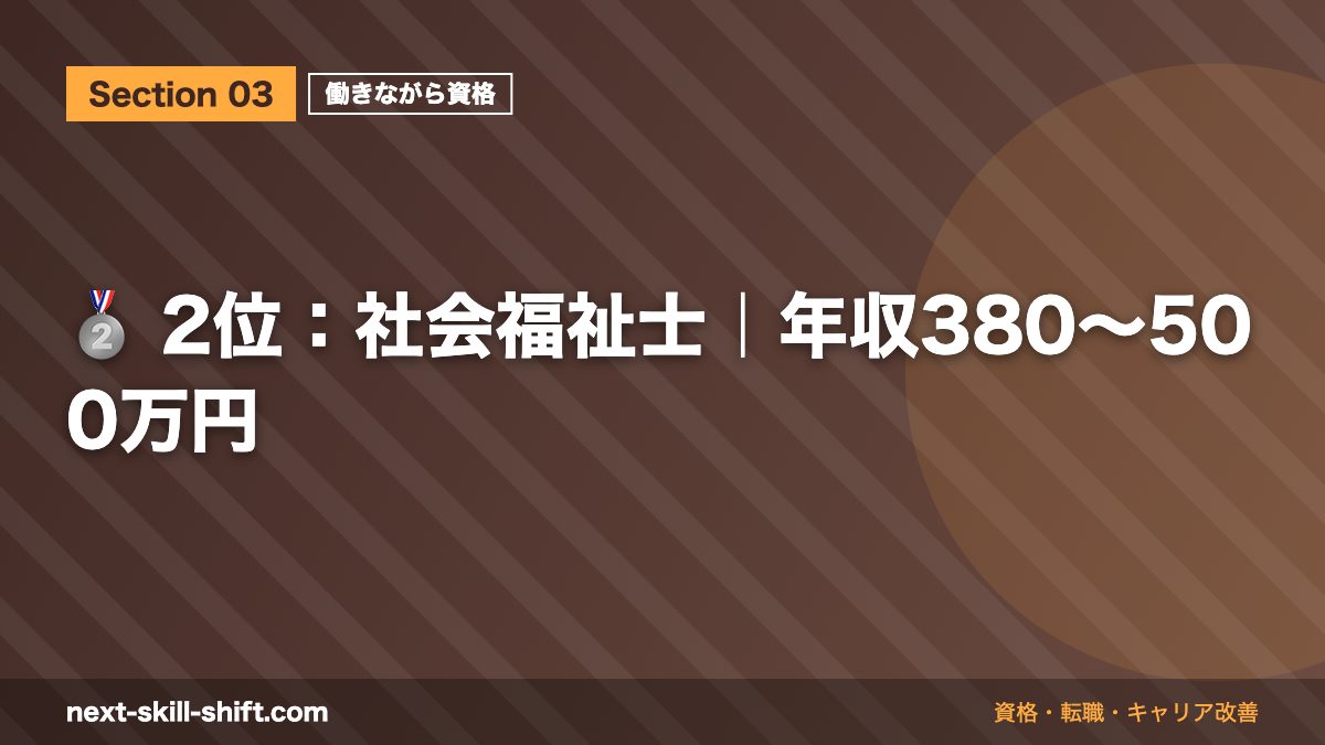 🥈 2位：社会福祉士｜年収380〜500万円