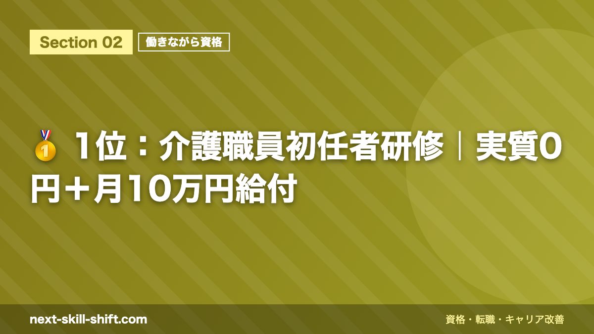 🥇 1位：介護職員初任者研修｜実質0円＋月10万円給付