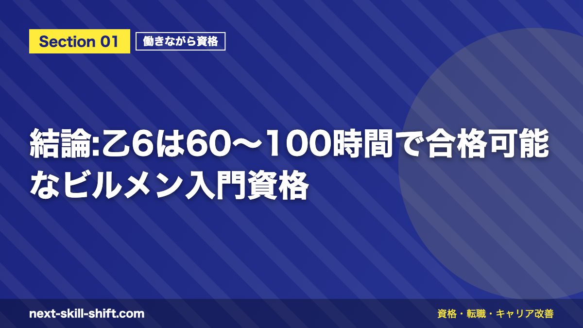 結論:乙6は60〜100時間で合格可能なビルメン入門資格