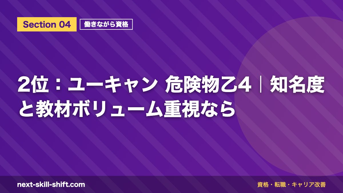 2位：ユーキャン 危険物乙4｜知名度と教材ボリューム重視なら