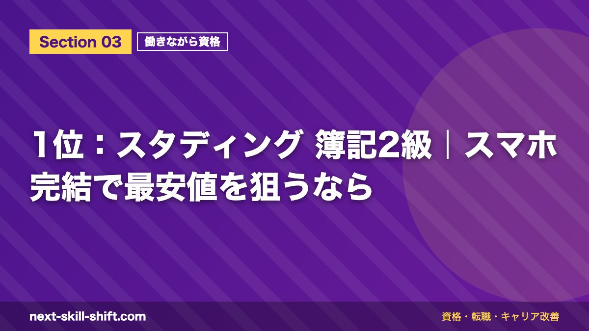1位:スタディング 簿記2級|スマホ完結で最安値を狙うなら